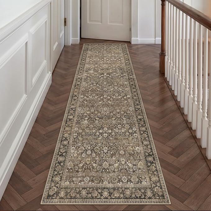 HUGEAR 2x12 Runner Rug Machine Washable Brown Hallway Area Rug Indoor Accent Rug Floral Low Pile Carpet Soft Throw Rug Bedroom Living Room Office Dining Room Kitchen Laundry Room Non Slip