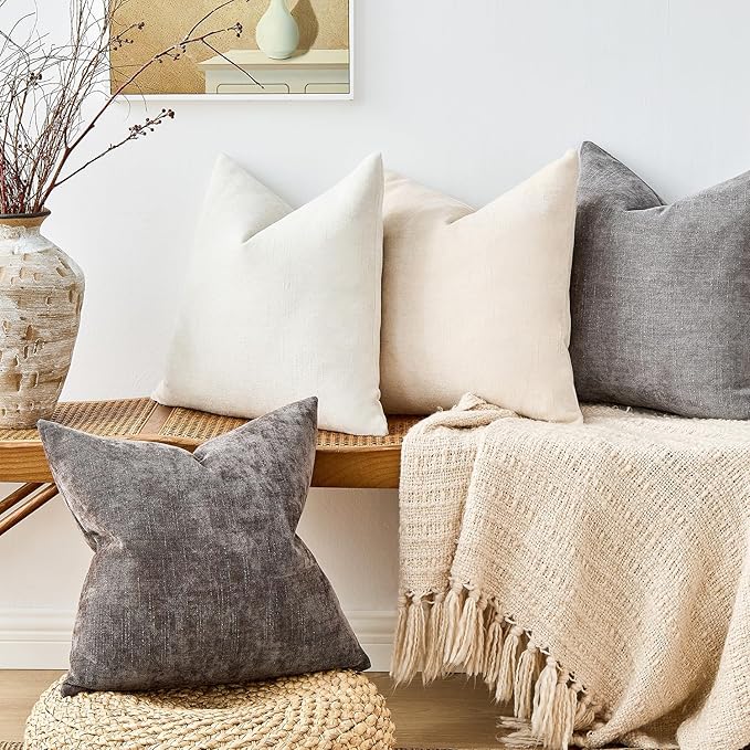 Pack of 4 Throw Pillow Covers 22x22 Inch Chenille Textured Neutral Grey Soft Pillow Covers Solid Decorative Farmhouse Cushion Covers Home Boho Decor for Couch Sofa Bed Living Room
