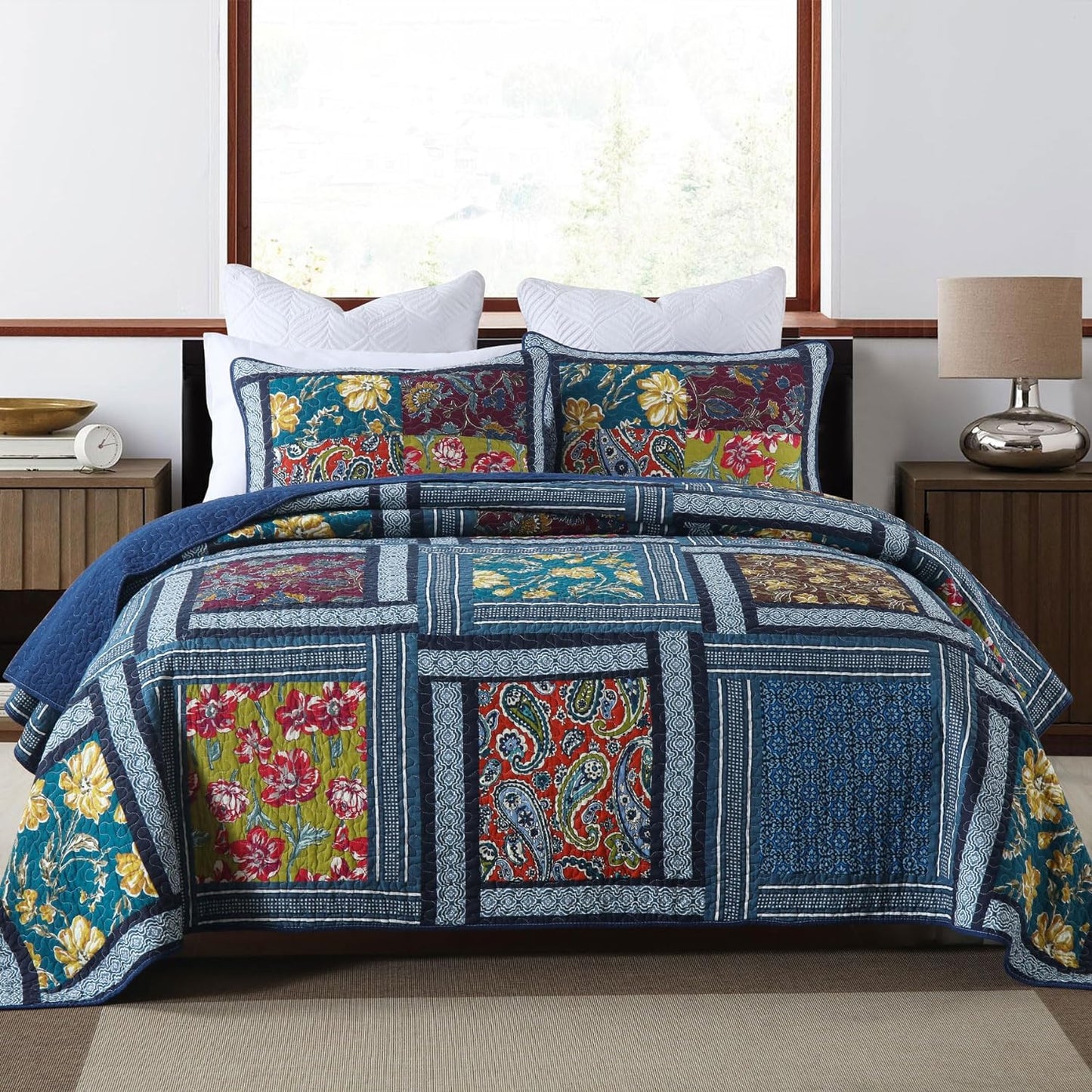 Secgo Queen Comforter Set for Bed - 100% Cotton Quilts Queen Size, Burgundy Bedspreads (90 * 98 Inch) with 2 Pillow Shams, Patchwork Reversible Lightweight Bedding