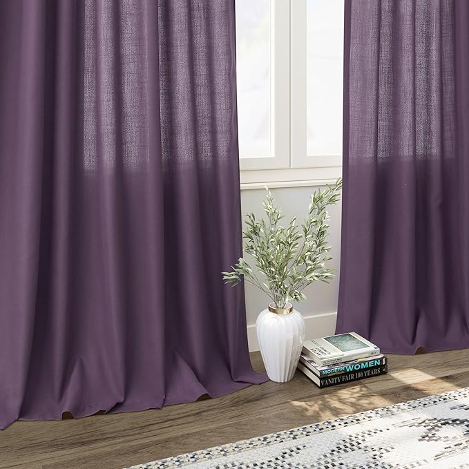 Nanspring Plum Linen Curtains 90 Inch Long 2 Panels Set for Bedroom Living Room Plum Linen Textured Window Drapes Semi Sheer Light Filtering Rod Pocket Back Tab Farmhouse Curtain 52x90