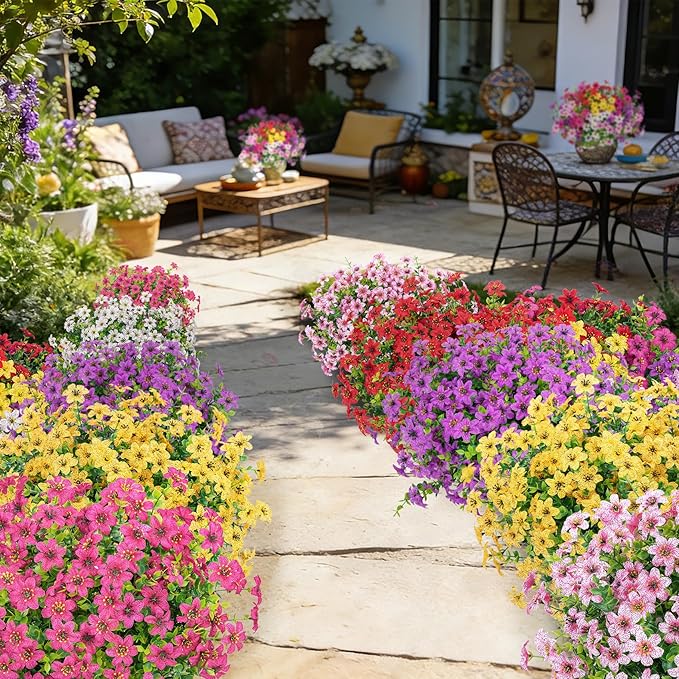 Ouddy Decor 24 Bundles Artificial Flowers for Outdoors Fake Silk Flowers Faux Plastic Plant UV Resistant for Spring Summer Porch Garden Yard Planter Wedding Indoor Outdoor Home Decoration, Multicolor
