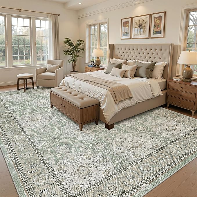 Soalmost 9x12 Area Rugs for Living Room, Non Slip Machine Washable Vintage Rugs, Low Pile Lightweight Large Rug for Bedroom, Dining Room, Home Office Green/Brown