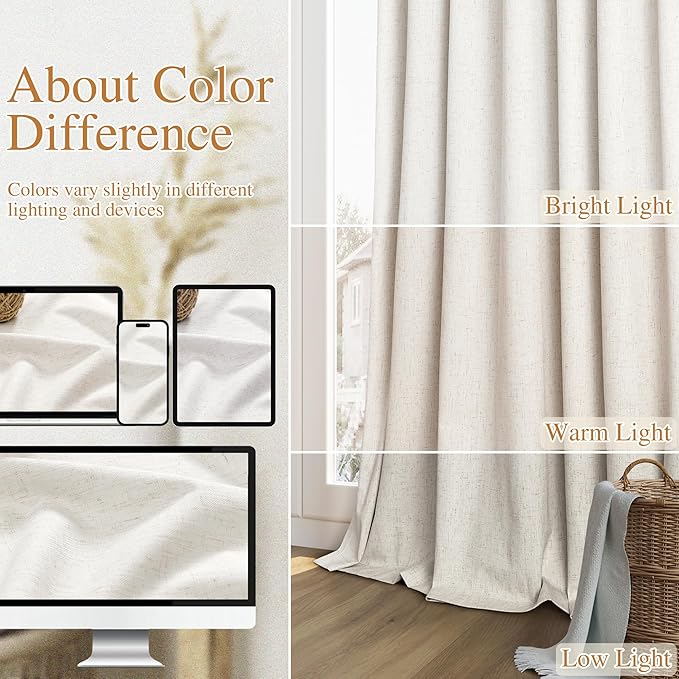 Beige White 100% Blackout Linen Curtains 63 Inch Length 2 Panels Set for Living Room Bedroom Back Tab Thermal Insulated Black Out Drapes Room Darkening Farmhouse Style for Bedroom Window Curtains