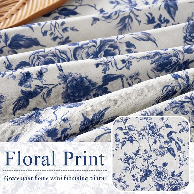 StangH Vintage French Blue Floral Curtains for Living Room, Shabby Chic Peony Print Linen Textured Drapes, Coastal Aesthetic Light Filtering Privacy Window Coverings, W52 x L84, 2 Panels