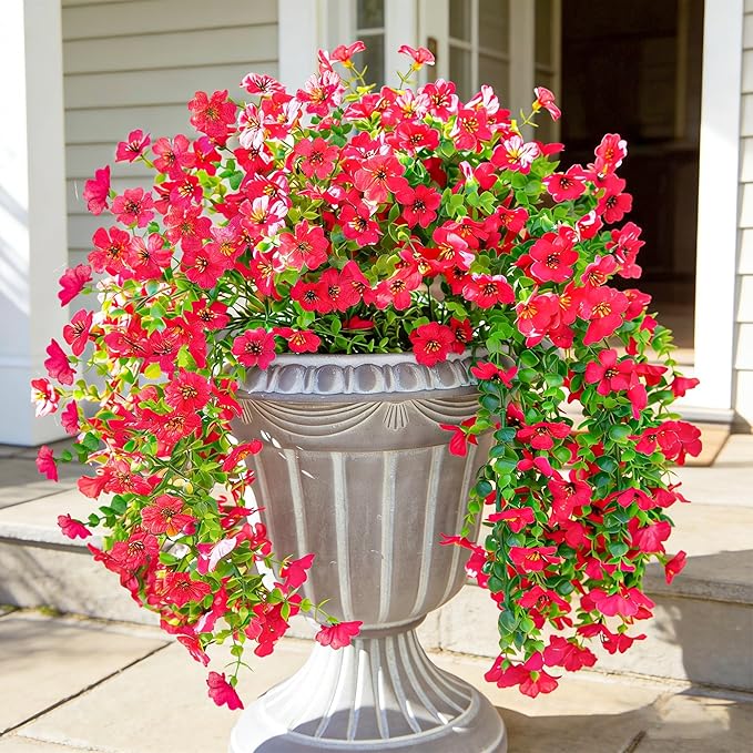 HyeFlora Artificial Flowers for Outdoors Fake Hanging Decoration, 2Pcs Hotpink Spring Decor, Realistic Plants, UV & Fading Resistant Silk Flower for Porch Patio Balcony Planter Yard