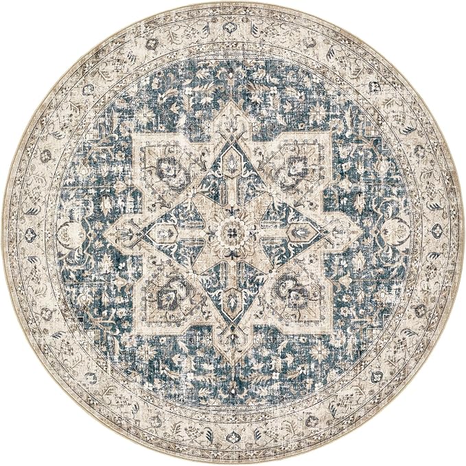 Tortania 8' Round Area Rug Living Room Rugs - Washable Boho Rug Vintage Oriental Distressed Farmhouse Large Thin Indoor Carpet for Bedroom Under Dining Table Home Office - Cream/Blue