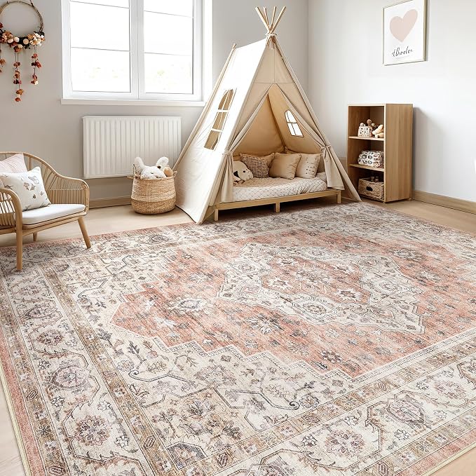 7x10 Area Rug Living Room: Washable Boho Large Neutral Vintage Soft Rug Stain Resistant Farmhouse Non-Slip Indoor Floor Retro Carpet for Bedroom Nursery Kids Office Dining Room- Pink Brown
