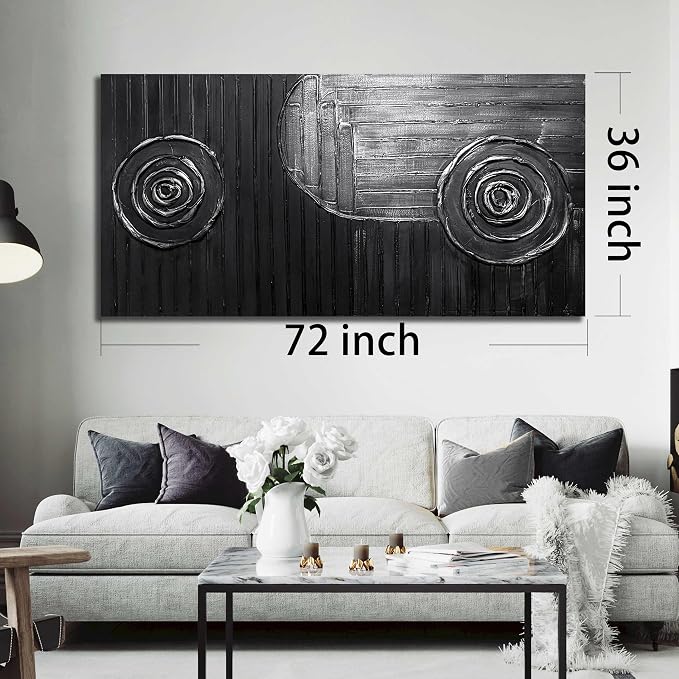 Extra Large Wall Paintings for Hotel Black and Silver Circles Wall Decorations for Living Room Abstract Office Wall Decor Size 36 x 72 Inch