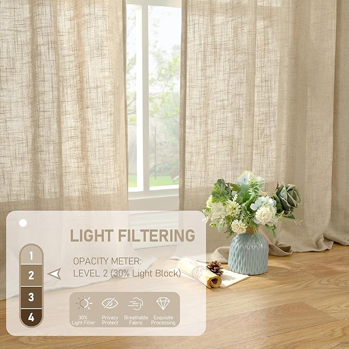 LAMIT Brown Linen Boho Curtains 68 inch Length 2 Panels, Light Filtering Semi Sheer Panels Back Tab and Rod Pocket Neutral Drapes for Bedroom/Living Room, 52 x 68 Inch