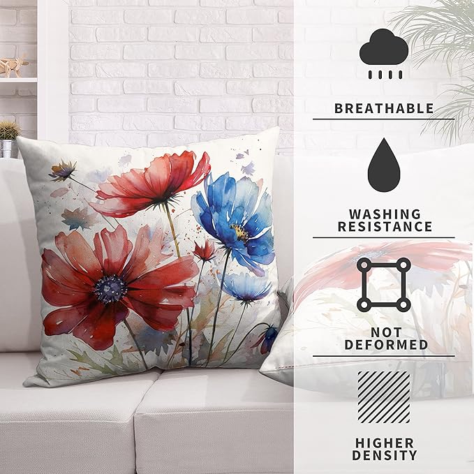 Watercolor Flower Outdoor Throw Pillow Covers 18x18 Set of 2 Red Blue Floral Pillow Covers Daisy Linen Square Farmhouse Pillowcase for Home Decor Couch Patio