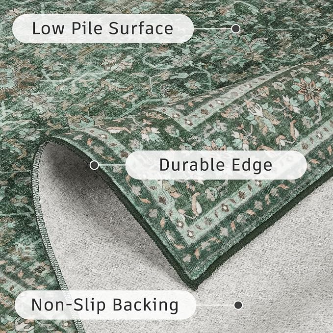 DCX Green 5x7 Rug, Kid & Pet Friendly with Rubber Back Non Slip, Machine Washable Stain Resistant Vintage Traditional Distressed Carpet, Rug for Living Room, Bedroom, Neutral Home Decor