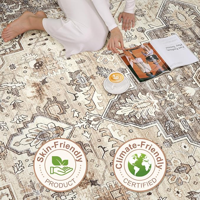 10x13 Area Rugs Living Room: Washable Boho Large Neutral Vintage Soft Rug Stain Resistant Farmhouse Non Slip Indoor Floor Carpet for Bedroom Nursery Kids Playroom Office Dining Room- Beige Brown