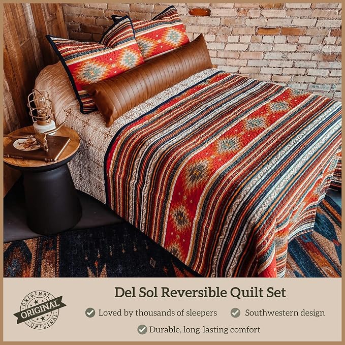 Paseo Road Del Sol King Quilt Set, 3 Piece Rustic Western Bedding Set with Pillow Sham, Lightweight Reversible Cotton Quilt with Southwestern Aztec Pattern, Soft Breathable Cozy Boho Bedding