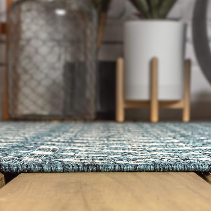 JONATHAN Y Moroccan Geometric Indoor Outdoor Round Area Rug 9 Ft Teal/Gray, Ourika Textured Weave for Backyard, Patio, Porch, Easy-Cleaning, High Traffic, Pet-Friendly, Non-Shedding (SMB108C-9R)