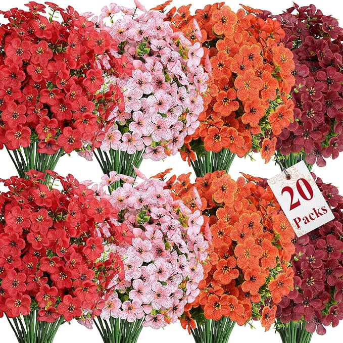 Alupssuc 20 Bundles Artificial Flowers for Outdoor Indoor Decoration, UV Resistant No Fade Fake Plants Eucalyptus, Colorful Faux Spring Flowers for Outside Yard Porch Patio Garden Home Window Box