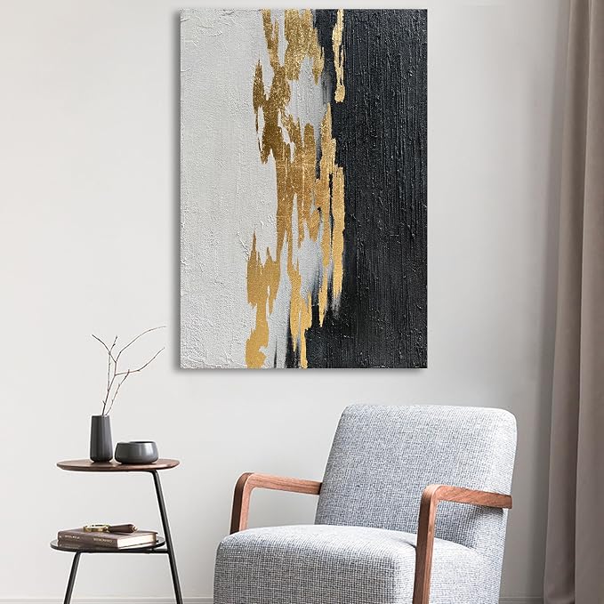 Hand-Painted Black and White Texture Abstract Art Modern Minimalist Home Office Wall Decoration Painting 36x24 inches