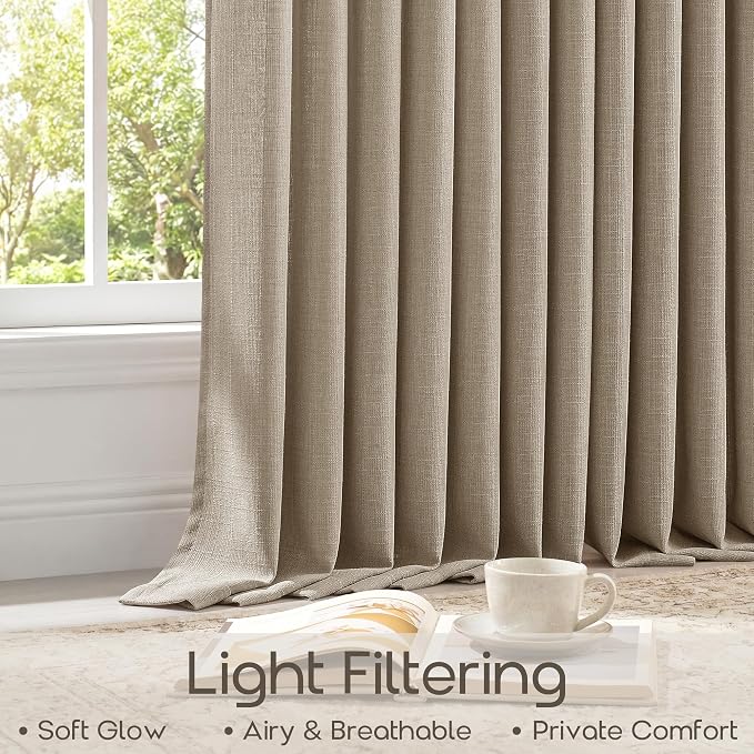 92 Inch Pinch Pleated Curtains Burlywood Birch Semi Sheer Privacy Back Tab Linen Blend Curtains with Hooks Rings Taupe Light Filtering Pinch Pleat Drapes for Living Room Bedroom 92 Inches Long