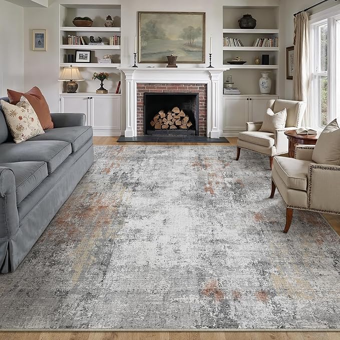 10x14 Washable Area Rug Rust Grey Abstract Non Slip Soft Low Pile Rug for Living Room Bedroom Dining Room Office Neutral Modern Indoor Large Throw Carpet for Home Decor