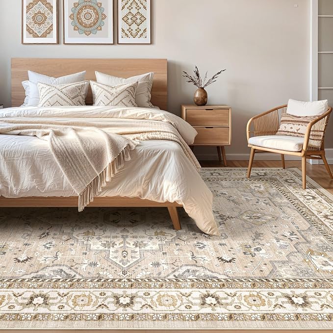 7x10 Area Rug Living Room: Washable Boho Large Neutral Vintage Soft Rug Stain Resistant Farmhouse Non-Slip Indoor Floor Carpet for Bedroom Nursery Kids Playroom Office Dining Room- Beige Grey