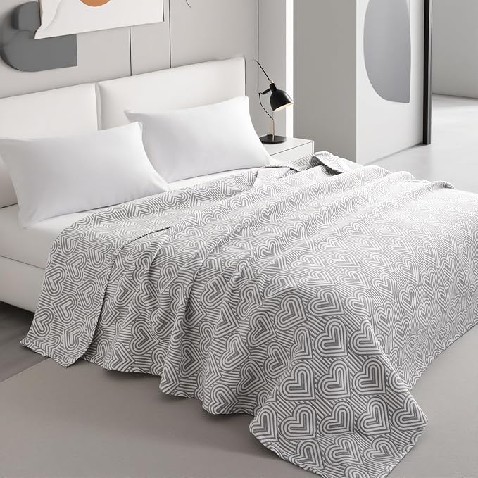 NTBAY 3 Layers Cotton Muslin 88x92 Queen Bed Blanket, Super Soft Breathable Thermal Yarn Dyed Quilt for Adults, Perfect Lightweight Blanket for Couch Sofa Bed All Seasons, Grey Heart