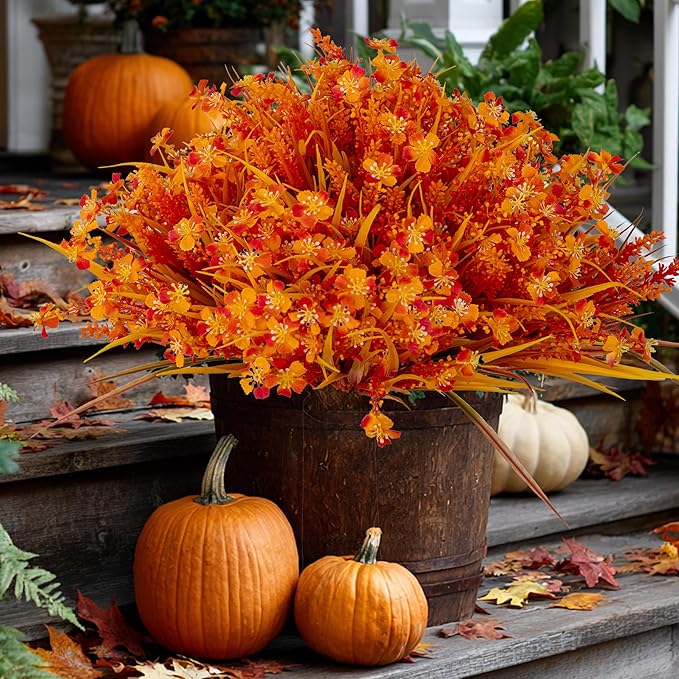 AXYLEX Artificial Fall Flowers Outdoor Fake Mums - 16 Bundles Fake Plants UV Resistant No Fade Faux Plastic Greenery Garden Porch Patio Fall Home Decor (1, OrangeYellow)