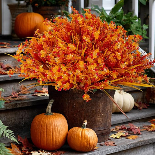 AXYLEX Artificial Fall Flowers Outdoor Fake Mums - 16 Bundles Fake Plants UV Resistant No Fade Faux Plastic Greenery Garden Porch Patio Fall Home Decor (1, OrangeYellow)