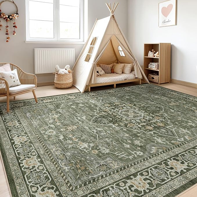 10x14 Area Rugs Living Room: Washable Boho Large Neutral Vintage Soft Rug Stain Resistant Farmhouse Non Slip Indoor Floor Carpet for Bedroom Nursery Kids Playroom Office Dining Room- Dark Green