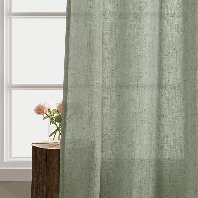 Sage Green Semi Sheer Curtains 63 Inch Length 2 Panels Set for Bedroom Kitchen Linen Textured Grommet Ring Top Light Filtering Spring Summer Boho Decor Green Curtains for Living Room 63 Inches Long