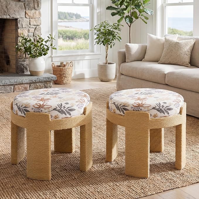Round Vanity Chair, Boho Hand-Woven Rope Upholstered Accent Foot Stool Ottoman Fully Assembled for Bedroom Living Room Entryway, Floral Linen