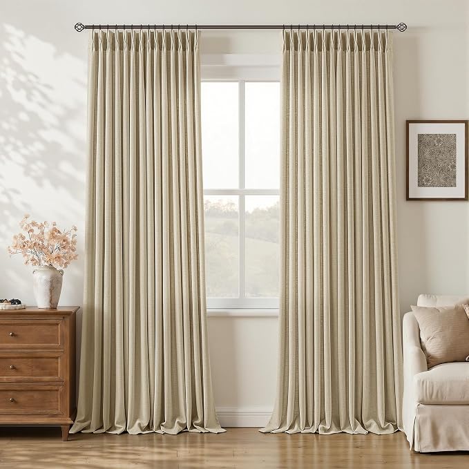 96 Inch Pinch Pleated Linen Oatmeal Curtains Sand Beige Cottage Light Filter Sheer Burlap Textured Pinch Pleat Drapes for Living Dining Room Bedroom Back Tab Floor Length Curtains 2 Panels 40x96