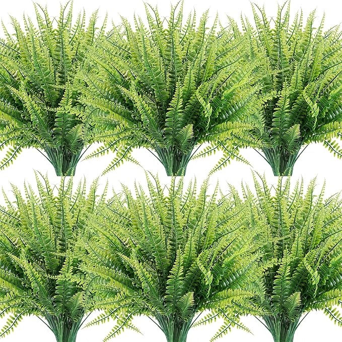 ZEOSTARO 12 Bundles Artificial Plants, Fake Boston Fern Greenery Outdoor UV Resistant No Fade Faux Plastic Plants Garden Porch Window Box Decorating…