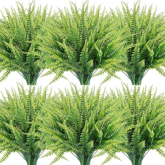ZEOSTARO 12 Bundles Artificial Plants, Fake Boston Fern Greenery Outdoor UV Resistant No Fade Faux Plastic Plants Garden Porch Window Box Decorating…