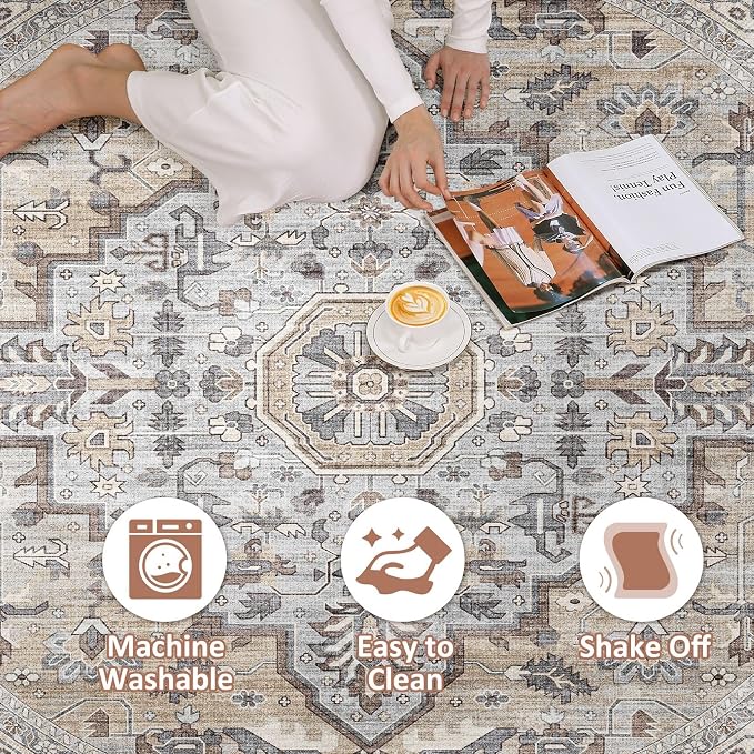 Round Rug Living Room Rugs: 7x7 Washable Boho Neutral Large Circle Soft Indoor Distressed Stain Resistant Floor Farmhouse Carpet for Bedroom Nursery Kids Playroom Office Dining Room Dorm- Cream Gray