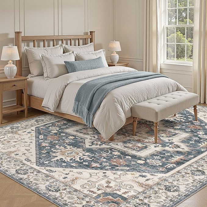 Area Rug for Living Room - 5x7 Washable Oriental Vintage Floral Distressed Large Soft Carpet - Fade Stain Resistant Non Slip Rugs for Bedroom Dining Room Nursery Dorm Office Home Decor - Vintage Blue