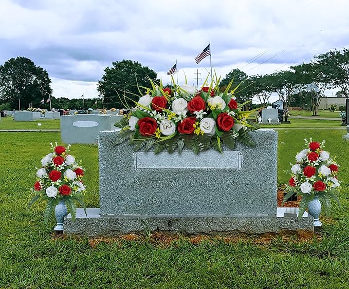 DONODA 2 Sets of Artificial Cemetery Flowers， Outdoor Grave Decorations Roses，Accompanied by 2 Long Nail Vases，Lasting and Non-Bleed Colors. (18 Heads (red+White))