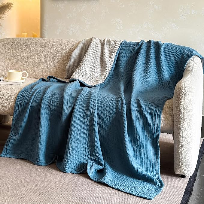 FALUCA Cotton Muslin Cooling Reversible Blanket 50x60 Inches for Bed, Couch, Four Layers Blanket, Soft Lightweight Cozy Breathable Farmhouse Decoration for Summer, Light Blue