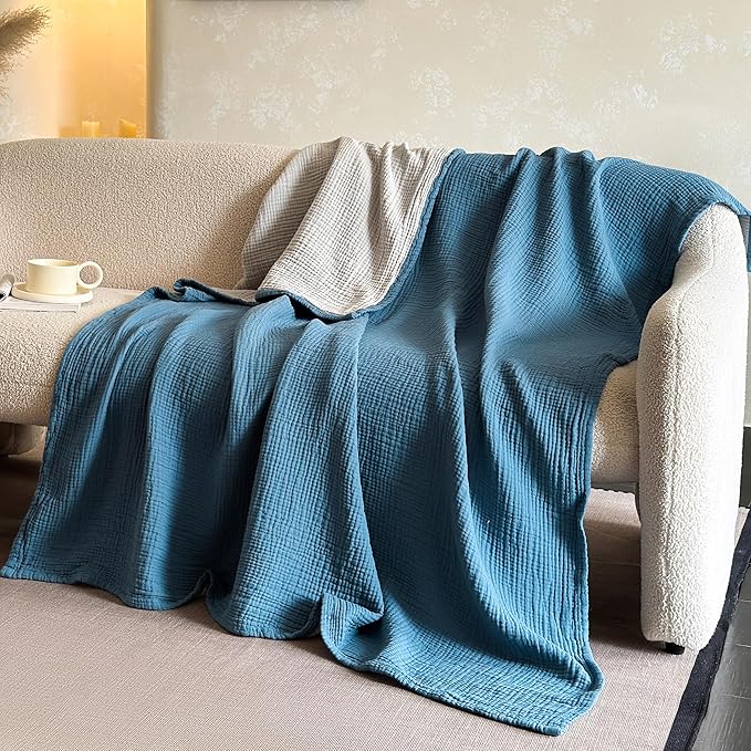 FALUCA Cotton Muslin Cooling Reversible Blanket Twin Size for Bed, Couch, Four Layers Blanket, Soft Lightweight Cozy Breathable Farmhouse Decoration for Summer, Light Blue
