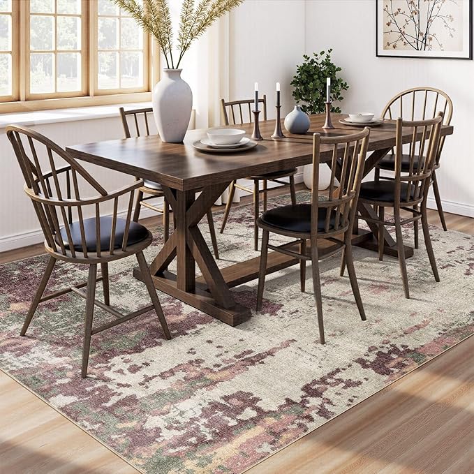 UERMEI 6x9 Area Rug Living Room Rugs - Washable Neutral Modern Abstract Soft Thin Rug Indoor Floor No Slip Rug Carpet for Bedroom Under Dining Table Home Office Decor - Purple/Green/Beige