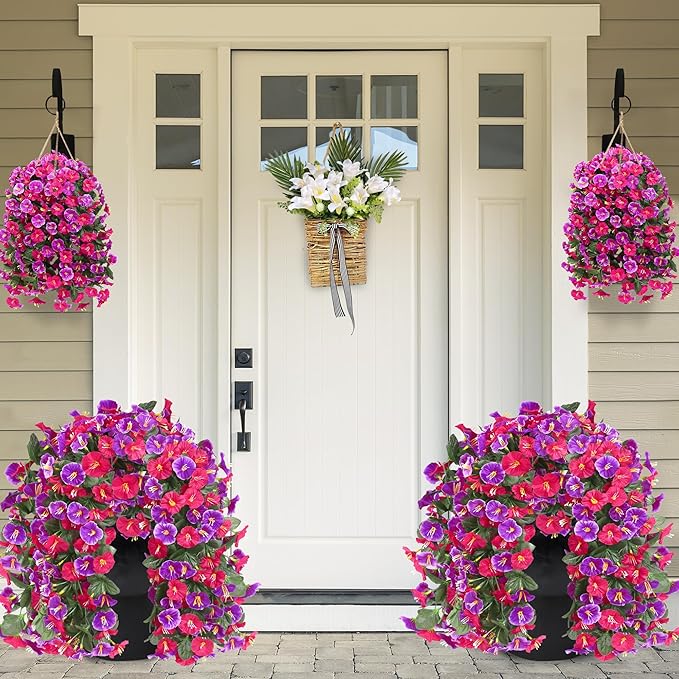 Artificial Fake Hanging Flowers Plants for Outdoor Outside Spring Summer Decoration 2PCS Faux Silk UV Resistant Realistic Morning Glory Trailing Vines for Home Porch Patio Balcony(Rose red & Magenta)