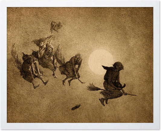 Poster Master Vintage William Holbrook Beard Poster - Retro Occult Print - Gift for Gothic, Horror Fan - The Witches Ride, Pagan, Goth, Magic - Wall Decor for Bedroom, Dorm, 16x20 White Framed