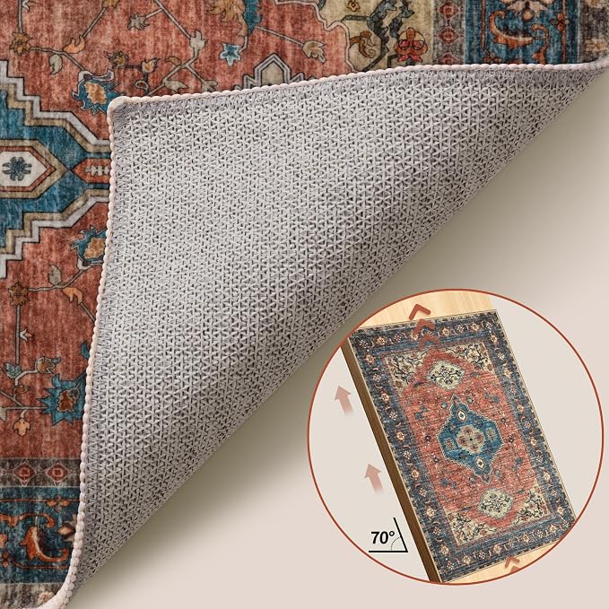 Tangsoo 5x7 Area Rug Washable Rug for Living Room, Vintage Indoor Non Slip Large Area Rugs, Print Distressed Rust Carpet, Soft Low Pile Foldable Floor Rug for Bedroom Dining Room Dorm Terracotta/Blue