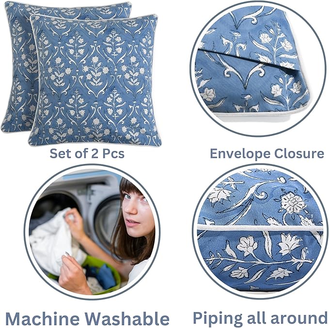 Ridhi Block Print Cornflower Blue Pillow Cover 18" x 18" (Pack of 2) Decorative Couch Pillows for Living Room, Chic Boho Cute Outdoor Pillows Covers Gifts for Spring, Easter and Valentine