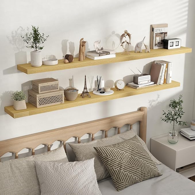 Fun Memories Rustic Wood Floating Shelves for Wall, Space-Saving Wall Mounted Shelves for Bathroom, Bedroom, Living Room and Kitchen, Stylish Storage & Display (Set of 2, Oak, 72 in)