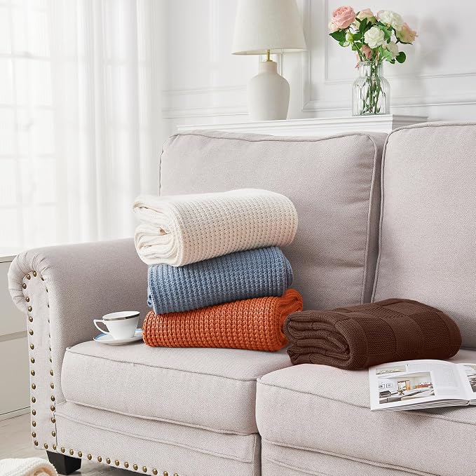 Douceur Rust Orange Throw Blanket for Bed, Soft Chunky Cable Knit Throw Blanket, Classic Fisherman's Rib Stitch Pattern Throw for Living Room,60"X80"