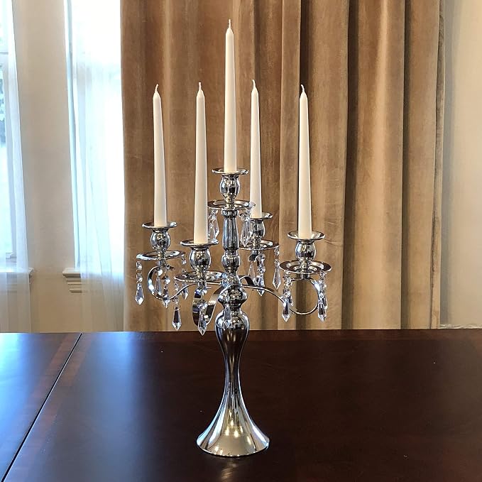 Allgala Silver Candle Holder 19" 5-Arm Silver Chrome Plated Taper Candle Holder Candlestick Candelabra
