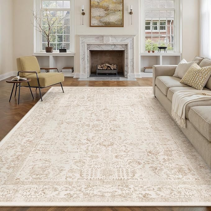 PureCozy Beige Area Rug 7x10 Machine Washable Large Vintage Living Room Distressed Non Slip Carpet Traditional Indoor Bedroom Retro Floral Accent Throw Rug for Office Kitchen Dining Room