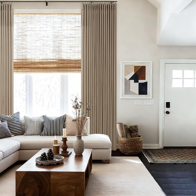 Extra Long Pleated Linen Curtains 120 Inches Length Light Brown Tan Farmhouse Light Filtering Memory Trained Window Curtain with Hooks Rings Back Tab Ceiling Floor Drapes 2 Panels Set for Living Room