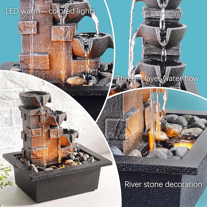GOSSI Home Décor Imitation 3-Tier Stone Wall Tabletop Fountain Many Natural River Rock Office Relaxing Desktop Zen Waterfall Meditation Tabletop Fountain LED Lights Fountain Christmas Decorations