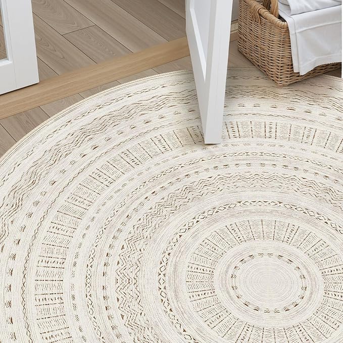 cotiled 6x6 Round Area Rug Living Room: Washable Boho Rugs with Non Slip Backing Large Soft Indoor Stain Resistant Carpet for Bedroom Farmhouse Dining Room Lightweight Home Decor Brown/Cream