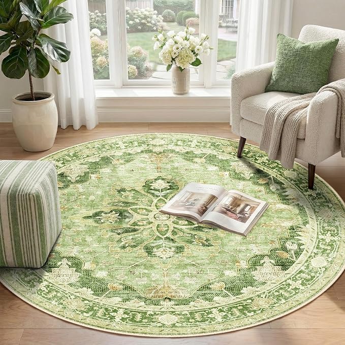 RELEANY Area Rugs 4ft Washable Non-Slip, Floral Vintage Distress Print Pattern Medallion Carpet for Living Room Bedroom Dining Room, Sage Green Yellow